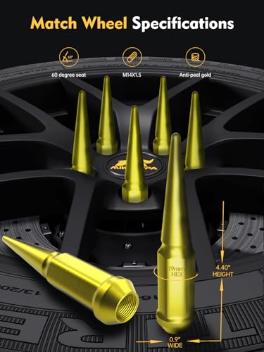Image of MIKKUPPA M14x1.5 Wheel Spike Lug Nuts, 32 PCS Gold Spiked Lug Nuts 14mmx1.5 Solid 4.4 inch Tall Acorn Lug Nut with 1 Socket Key Replacement for Chevy Silverado 1500 2500 3500, F150 F250 F350
