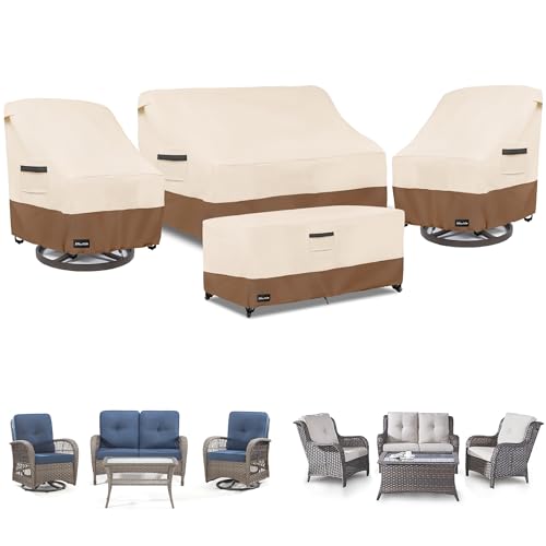 Image of ANartcle Patio Furniture Covers 4 Piece Set, 600D Waterproof Heavy Duty Outdoor Furniture Covers,Fit Wicker Patio Loveseat, Swivel Rocker Chair and Coffee Table,Beige&brown