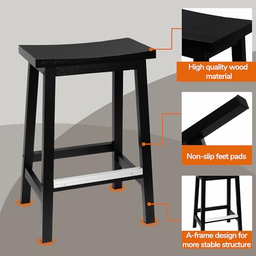 Signature Solid Wood Saddle-Seat Kitchen Counter-Height Stool, 24-Inch Height, Black - Set of 2 by Signature Fitness - Image 4