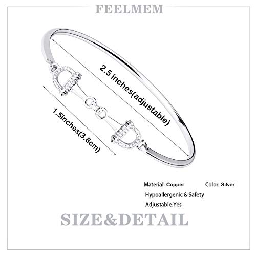 Feelmem Horse Snaffle Bit Plated Cubic Zirconia Crystal Easy Hook Clasp Charm Bangle Bracelet Equestrian Jewelry Good Luck Gift For Horse Lover Girl Woman Teen (Silver) #TOP1