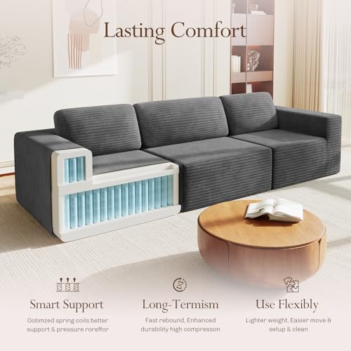 Image of Vesgantti 119 inch Modular Sectional Sofa, Corduroy Cloud Couch with Deep Seating & Spring Support, 3 Seater Flexible Layout Sofa, Boneless Couch for Living Room & Apartment, No Assembly Required, Grey