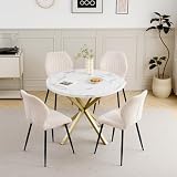 Moderno tavolo da pranzo rotondo con 4 sedie in pile Teddy 100 x 100 x 76,5 cm, gambe in metallo, marmo bianco GD e beige, ideale per sala da pranzo, cucina, soggiorno