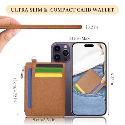 Image of Hancynir Minimalist Small Wallet Women Credit Card Holder, RFID Blocking Slim Mini Card Wallets Cute Front Pocket PU Leather Card Case Thin Travel Zipper Coin Cash for Ladies Men Wallet Gifts Brown