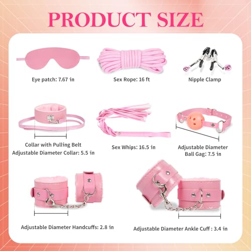 Image of BDSM Bondage Sex Toys Restraints - 8 Kit Gear for Ball Gag Sex Whip Cuffs Rope Collar Blindfold Leash (Pink)