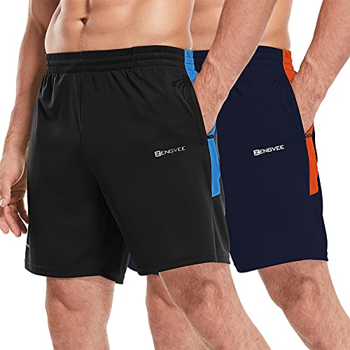 ZENGVEE Men's 2 Pack Sport Shorts Gym Athletic Shorts with Zip Pockets Quick Dry for Jogger,Trainning,Workout(20515-Black Navy-L)