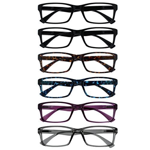 OPULIZE Pep Okulary do czytania 6 Pack Classic Everyday Prostokątna ramka Scratch Resistant Wiosna Zawiasy Czarny Brązowy Niebieski Fioletowy Szary Męski RRRRR92-112357 +3.00
