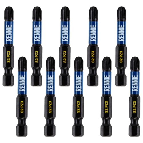 10 x Rennie Tools 50mm Long PZ3 Impact Screwdriver Driver Bits Set. Heavy Duty PoziDriv POZI No.3 Magnetic Screwdriver Bit Set. PZ3 Impact Driver Bits Pozidrive Screw Accessories.