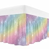 Abstract Rainbow Bed Skirt Queen Size 16 Inch Drop, Wrap Around Bed Skirts, Fantasy Ombre Moden Art Elastic Bedskirt Pleated Bed Frame Cover Luxurious Dust Ruffle for Queen Bed