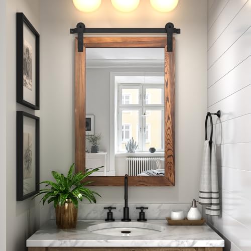 Image of COGOOD Bathroom Mirrors for Over Sink - 22 x 30 Farmhouse Barn Door Wall Mirror for Bathroom, Living Room, Entryway Wall Decor Brown