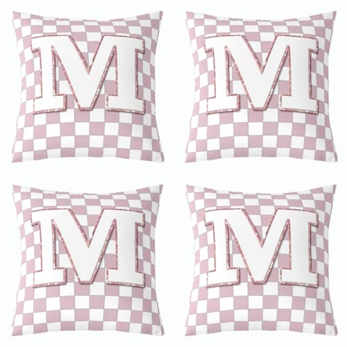 Image of Erosebridal Pink Initial M Throw Pillow Covers 18x18 Set of 2 Kawaii Plaid Checkered Pillow Covers Cute Personalized Monogram Cushion Cover Fashion Grids Gingham Pillow Cases for Couch Sofa