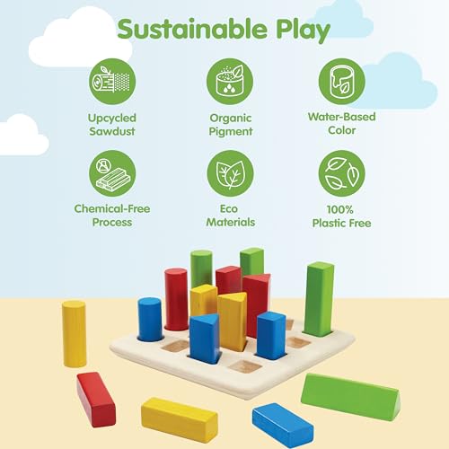 Image of PlanToys Geometric Peg Board Wooden Shape Sorting & Stacking Toy for Kids Ages 2+ | Montessori STEM Toy for Fine Motor Skills, Color Learning & Coordination | Eco-Friendly Educational Activity