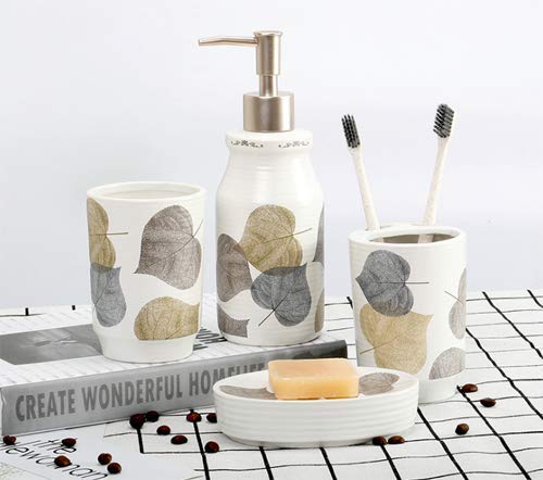 Zmum67 Elegant 4Pcs Bath set with beautiful Grey Leaves,Ceramic Soap Dish,Soap Dispenser,Toothbrush Holder & Tumbler Bathroom Set