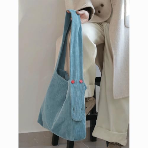 Corduroy Tote Bag Soft Blue Corduroy Shoulder Tote Bag With Button Detail Large Casual Slouchy Hobo Handbag For Women 20254