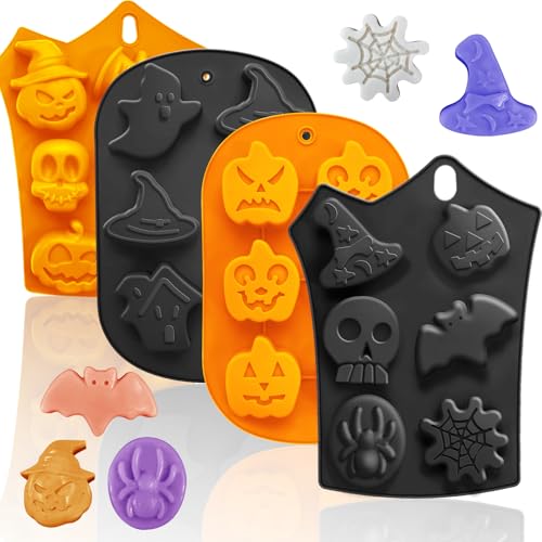 Image of Halloween Silicone Molds Set 19 Shapes Large Baking Molds Pack of 4 Including Pumpkin Skull Ghost Bat Hat Spider Web House Molds, 3D Spooky Homemade Soap Candle Ice Pan Muffin Cupcake Moulds Oven Safe