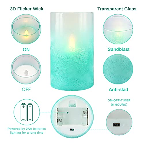 Crystal Club Flickering Flameless Candles With Timer, Real Wax Glass Effect Sandblast Candles, Battery Operated Ocean Theme Led Candles With Remote For Bathroom, Bedroom, Table Decoration #TOP1