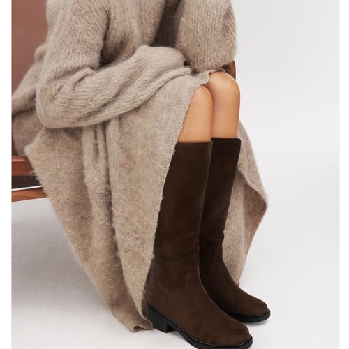 Image of Dsevht Black Knee High Boots for Women Faux Leather Elastic Low Heel Round Square Toe Side Zipper Fall Long Tall Boot