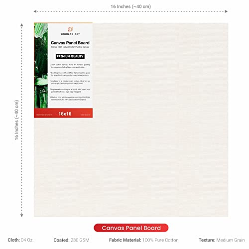 Image of Scholar Art Hobby Series 04 Oz (230 GSM) 100% Cotton Canvas Panel Board for Painting (White Blank Canvas Boards for Acrylic Paint, Oil Paint, Wet & Dry Media) | 16 inchx16 inch (40x40 cm), Pack of 6