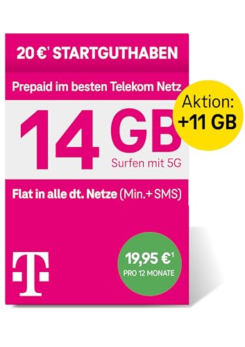 Deutsche Telekom MagentaMobil Prepaid XL Special SIM Card 5G/LTE Max, 14 GB, Allnet Flat, EU Roaming, Hotspot Flat, 20 EUR Start