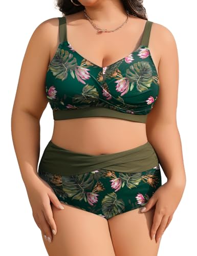 Immagine prodotto: heekpek Costumi da Bagno Donna Taglie Forti Due Pezzi Vita Alta Push Up Bikini Donna Mare Imbottito Costumi Mare da Donna Scollo a V Costume per Seno Grande, Verde Floreale, XL