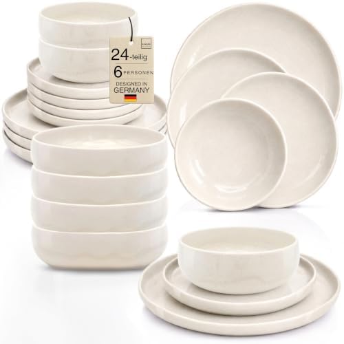 SÄNGER Milos | Steingut Geschirr Set 24 tlg für 6 Personen | 6x Speiseteller, Dessertteller, Müslischalen & Pastaschalen | Tafelservice Hellbeige | Geschirrset modern