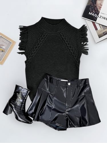 Saodimallsu Womens Mock Neck Sleeveless Sweater Vest Cable Knit Fringe Cap Sleeve Boho Trendy Pullover Tank Tops Black