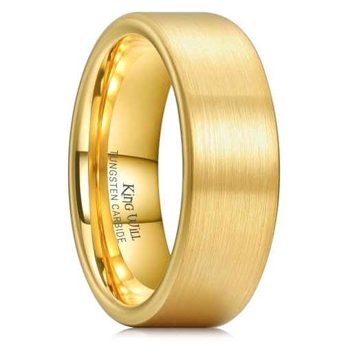 Image of King Will Tungsten Carbide Wedding Band for Men Women-4 /6 /8mm Width 14K Gold Plated Tungsten Wedding Ring Matte Brushed & High Polished Style Comfort Fit Wedding Band Size 6-14