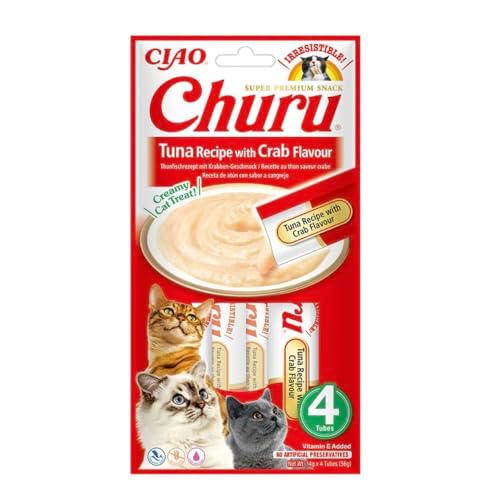 INABA Churu – Friandises pour Chats en Purée au Thon & Crabe – Délicieux Snacks pour Félins – Texture Lisse et Onctueuse – Nourriture pour Chats – 4 Tubes x 14g