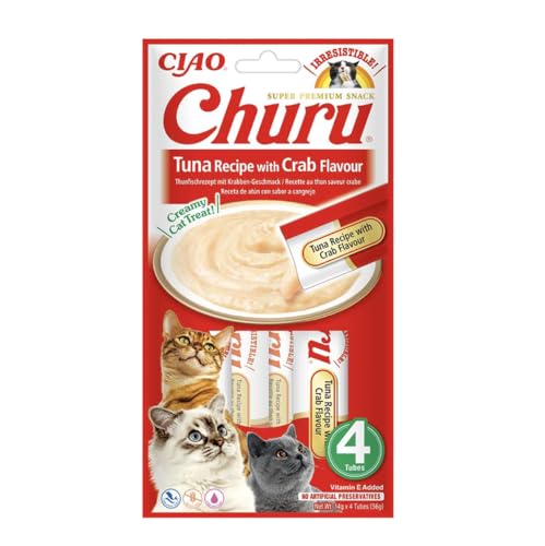 INABA Churu - Friandises pour Chats en Purée au Thon & Crabe - Délicieux Snacks pour Félins - Texture Lisse et Onctueuse - Nourriture pour Chats - 4 Tubes x 14g