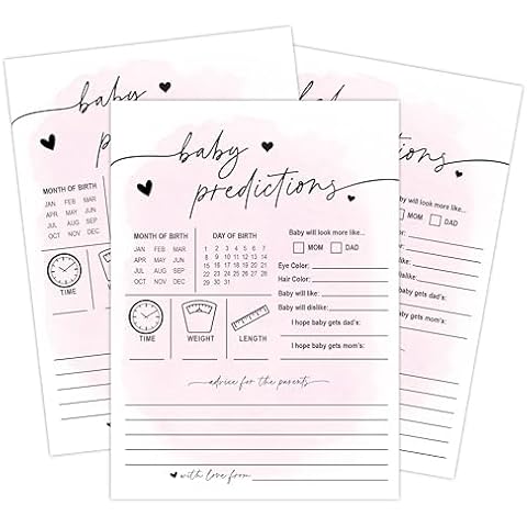 Your Main Event Prints 50 Baby Predictions Cards - Minimalist - Baby Shower Game, New Mom & Dad Card, New Parent Message Advice Book, Fun Party (Pink) Cover