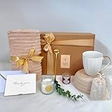 Gift Basket for Women, Unique Birthday Gift, Relaxation or Get Well Soon Gift – Cozy Blanket, Mug, Candle, Honey Jar, Herbal Tea, Gold Spoon, Thank you Card, Gift Box – White Arch