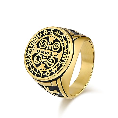 FUTPLOR St Benedict Exorcism Ring, Titanium Steel Catholic Ring St Benedict Medal Ring Catholic Roman Cross Protection Jewelry Religious Amulet Rings for Men Band Ring Size 10, Size 10, Titanium and