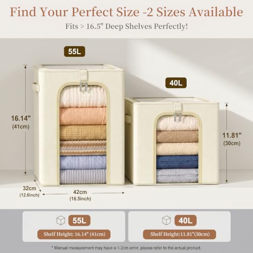 Image of GoMaihe Clothes Storage Bins with Metal Frame, 40L Sweater Storage Boxes for Above Shelf Closet, 4 Pack Stackable Clothing Storage Organizer with Clear Window for Jeans Hoodies T-shirt - Beige