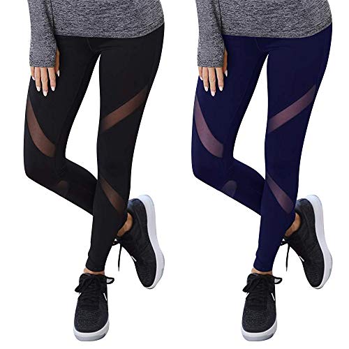 GoVIA Pack de 2 Libella Mujer Ropa Deportiva Leggings Mesh Fitness Mujeres Yoga Pantalones Malla Costura Deporte Gym Medias 4132 Negro Azul Oscuro L/XL