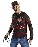Der lizenzierte Freddy Krueger Pullover mit Brandnarben gibt originalgetreu den Sweater der Slasher-Ikone wieder und ist dabei an Oberkörper und Armen mit fiesen Brandwunden aus Latex und zahlreichen Löchern versehen. Mit dem krassen Horror-Kostüm bist du an Halloween ein echter Blickfang.