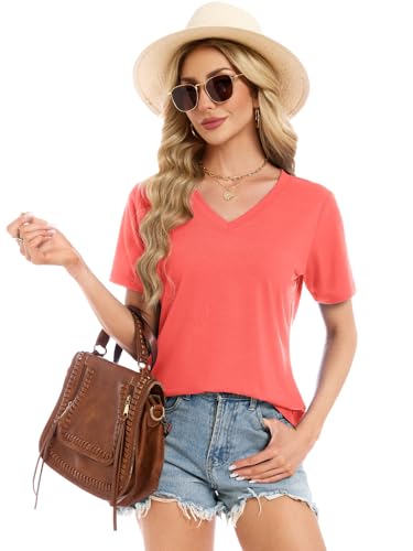 Womens T Shirts Summer Tops Short Sleeve V Neck Dressy Casual Blouses Work Plus Size Tunic Vacation Boho Outfits, Coral Pink S — view 3