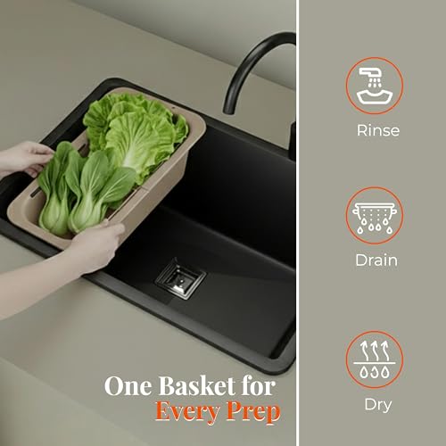 Image of Lorazzo Kitchen Sink Basket - Over The Sink Expandable Colander for Vegetable & Fruit Washing | Drain Basket & Sink Strainer | Adjustable Kitchen Sink Accessories | 1-Year Warranty (Beige)