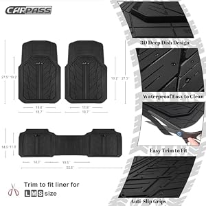 CAR PASS Heavy Rubber Car Floor Mats, Deep Waterproof Car Mats All Weather, Universal Trim-to Fit Automotive Floor Mats for Car SUV Truck Van, Durable Floor Liners Solid Black — photo 3 of 6