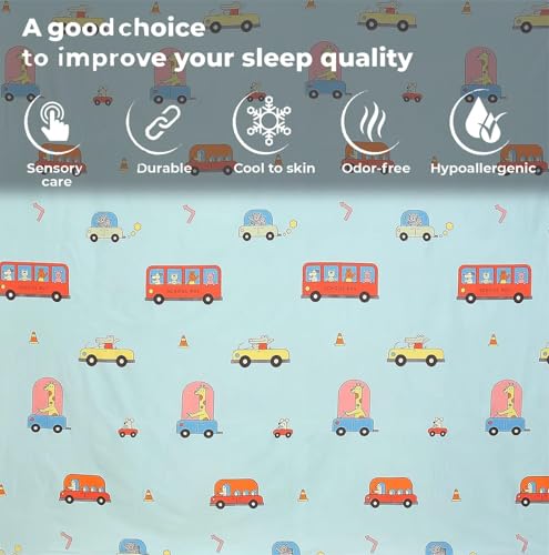 Image of RD FABS Glace Cotton Wrinkle Free Soft Hypoallergenic Bed Sheet with 2 Pillow Cover | Cartoon Printed | Double Bed King Size Kids Bedsheet (90x95 Inches /Aqua /Bus) 144 TC