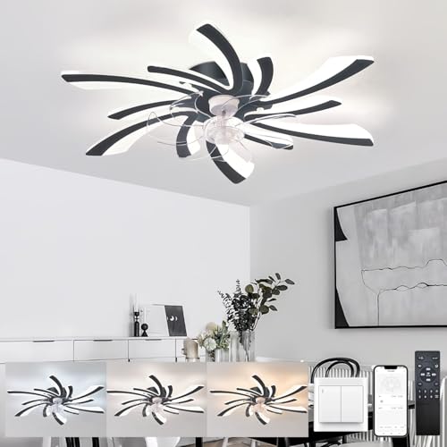 KeLuKes Modern Ceiling Fans with Lights and Remote 78cm Ceiling Fans with Lamps Silent Dc 6-Speed Dimmable Reversible Winter/Summer Led Fan Light for Bedroom Lounge Living Room,Black