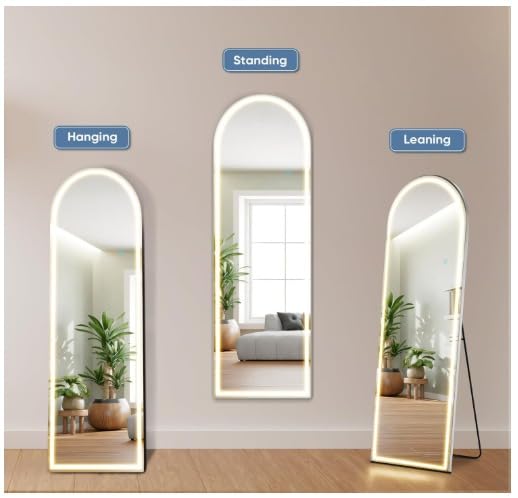 Image of HD Glass LED Mirror Full Length with Stand, 18 inchx60 inch Full Body Wall Mirror with LED Lights 3 Color Lighting, Hanging or Leaning, Floor Standing, Modern Simple Home Wall Decor