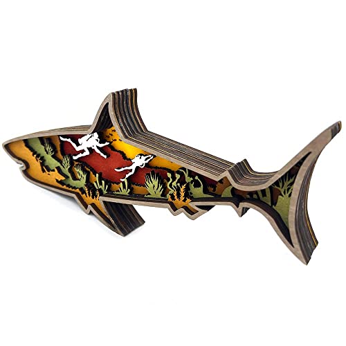 Annoomm Animal 12Inch Shark Decor,Wooden Home Shark Statues And Figurines,Shark Wall Ornament Multilayer Woodland,Shark Silhouette And Sculpture,Shark Decoration For Wall Shelf Wood(Shark+Light) #TOP6