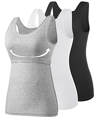 Image of AMVELOP Tank Tops for Women Built in Bra Cotton Shelf Bra Tanks Layering Undershirts 2-3 Pack
