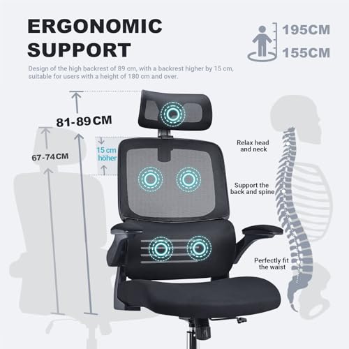 ACMELIFE Ergonomic Office Chair Mesh Desk Chair with Adaptive Lumbar Support, Dual Backrest Zones, Computer Chair with Flip-Up Armrests High Back for Studio, Home Truly Widened and Enlarged(Black)