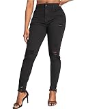SheKiss Womens Casual Ripped Frayed Skinny Zipper Fly High Waisted Stretchy Hole Black Deam Ankle Length Jeans
