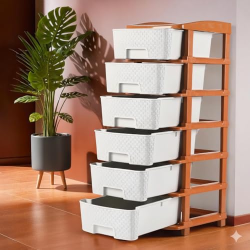 Image of HORPIN 6-Layer Plastic Drawer Storage Organiser | Modular Kitchen & Toy Organizer For Kids Room | Home, Office, Parlor, School, Doctors, Home And Kids | Brown & White (6XL Set)