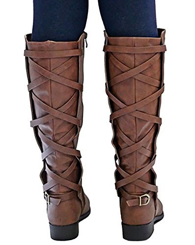 Syktkmx Womens Winter Lace Up Knee High Riding Boots Fall Zip Up Mid Calf Closed Toe Flat Low Heel Boots #TOP3