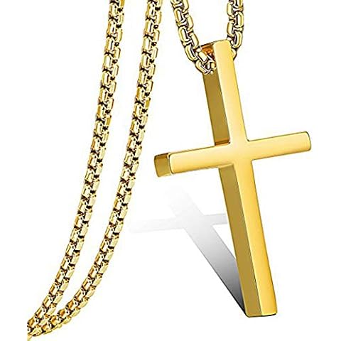 FZTN Jewelry Gold Cross Necklace for Men Women 2mm Round Box Chain 20 Inch + 5cm Extension 18K Gold Plated Cover