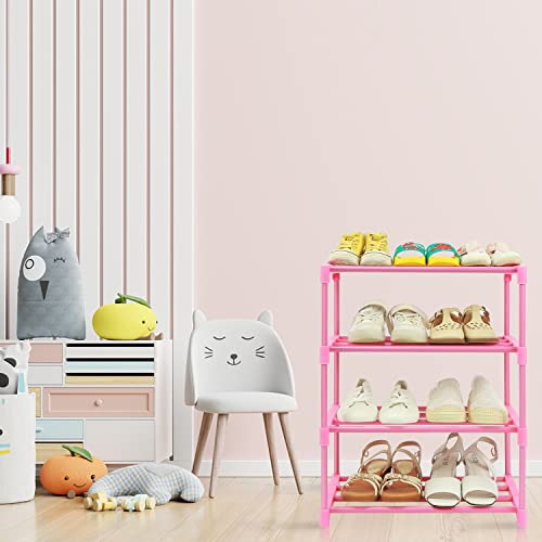 Hithim 4-Tier Free Standing Shoe Racks, Small Shoe Rack For 6-8 Pairs Shoe Storage,Kids Shoe Racks For Small Place,Lightweight Stackable Shoe Shelf Organizer For Entryway, Doorway And Closet,Pink #TOP1