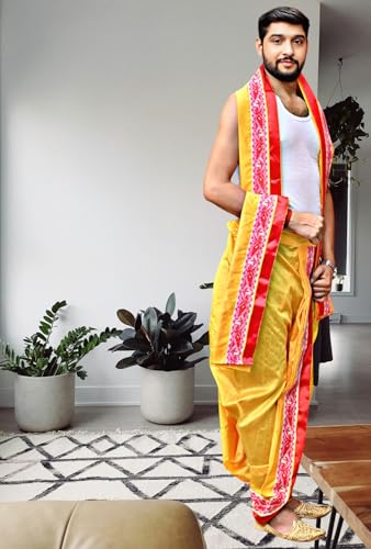 Image of Men's Ethnic | Traditional Ready to wear (Pant System) Readymade Panchakacham Dhoti With Angavastram(Towel) Set, Tassar Silk, Free Size (GC002)