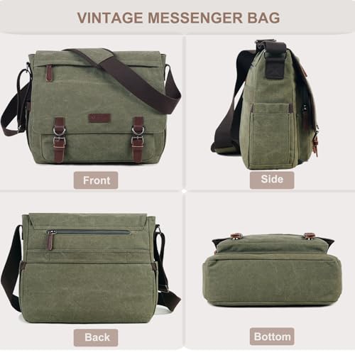 Mactso Vintage Messenger Bag 15.6 Inch Laptop for Men Women, Large Travel Crossbody Shoulder Purse with Luggage Strap,Canvas Briefcase Work Office College (Green-Upgrade)